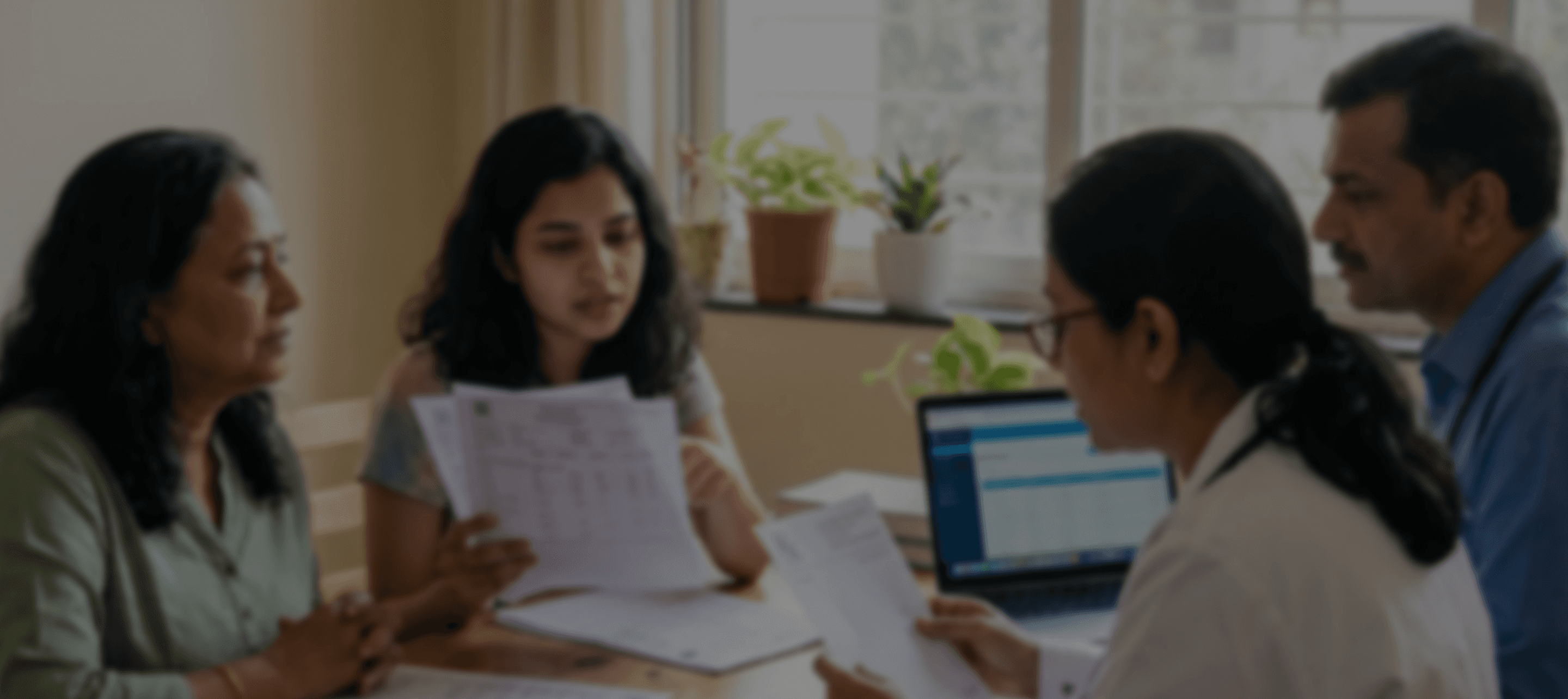 Family reviewing medical records together with a doctor, reflecting a patients-first approach to care